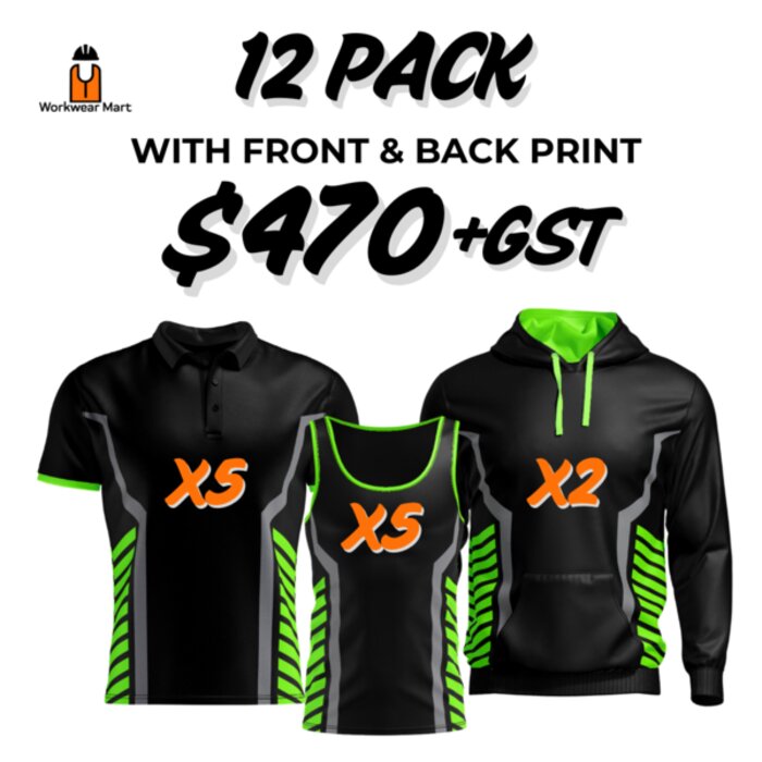 Vivid Performance 12 Pack 5 *Polos 5*Singlets 2*hoodies With Front And Back Print Deal| Mens |  Womens | Kids Thumbnail