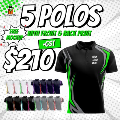 5 Custom Active Sport's Polos With Front And Back Print Deal| Mens | Womens | Kids Thumbnail