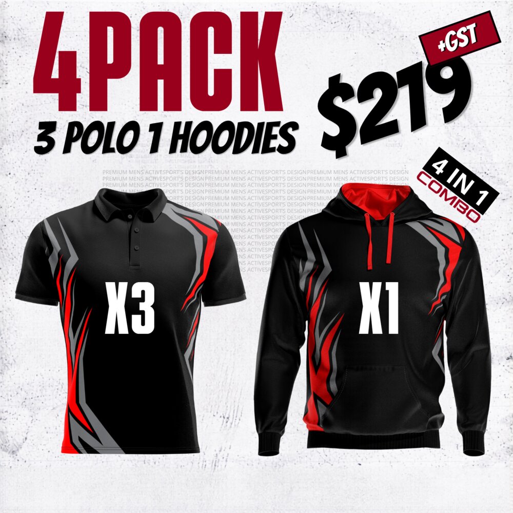 ActiveSport's 4 Pack  3* Polos  1* hoodie With Front And Back Print Deal| Mens |  Womens | Kids Thumbnail
