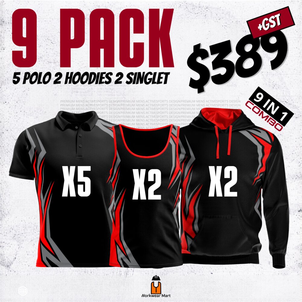  ActiveSport's 9 Pack  5* Polos  2* hoodies  2* singlets With Front And Back Print Deal| Mens |  Womens | Kids Thumbnail