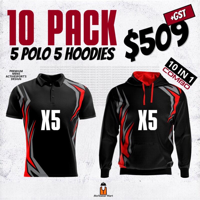 ActiveSport's 10 Pack  5* Polos  5* hoodies With Front And Back Print Deal| Mens |  Womens | Kids Thumbnail